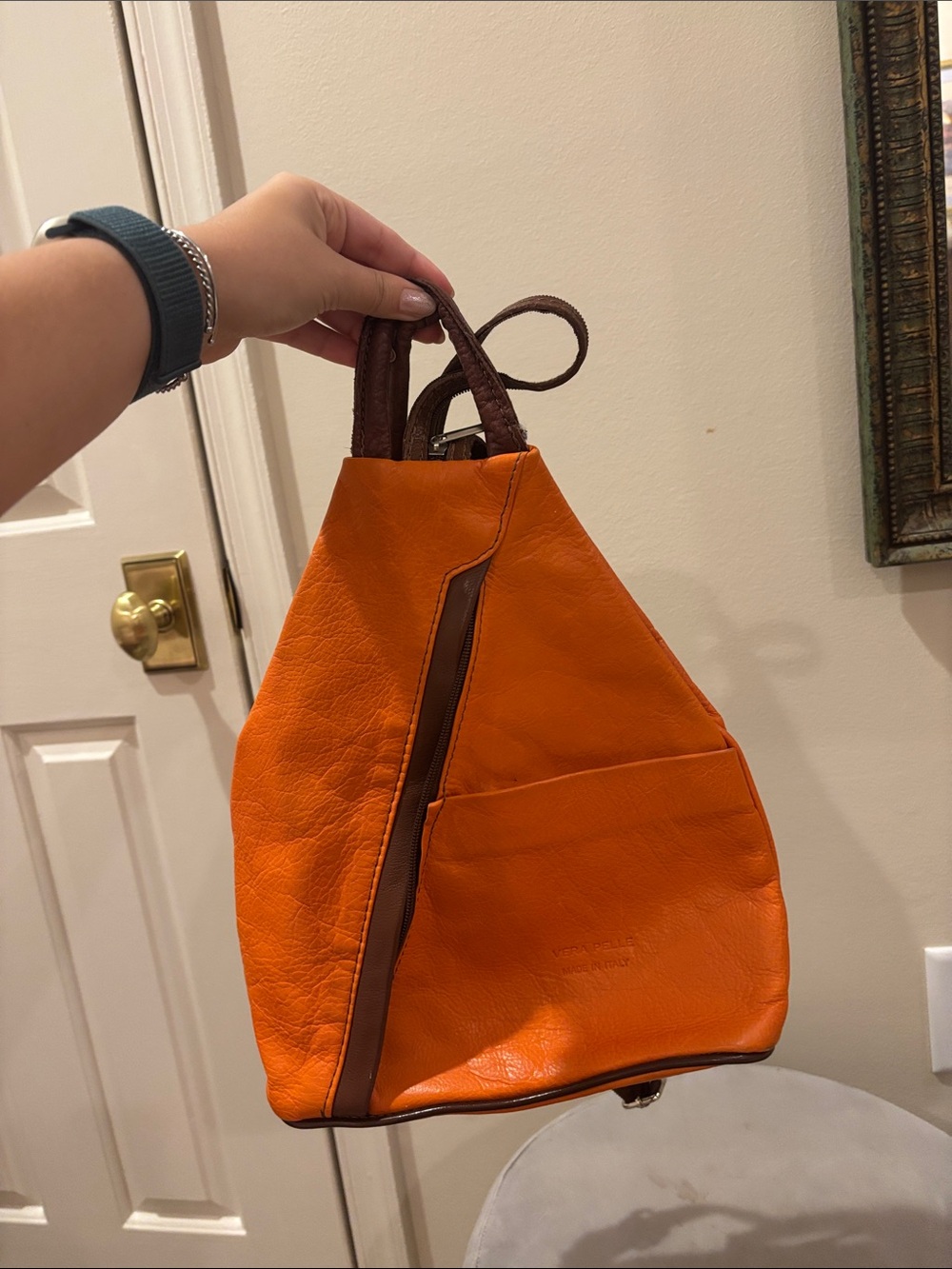 Vera Pelle Orange Leather Backpack with Brown Accents
